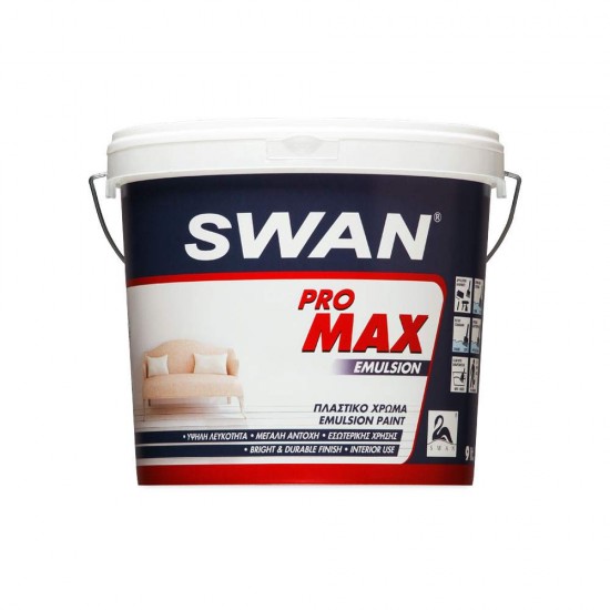 Πλάστικό Χρώμα Swan Pro Max Emulsion Εσωτερικής Χρήσης Λευκό 9Lt